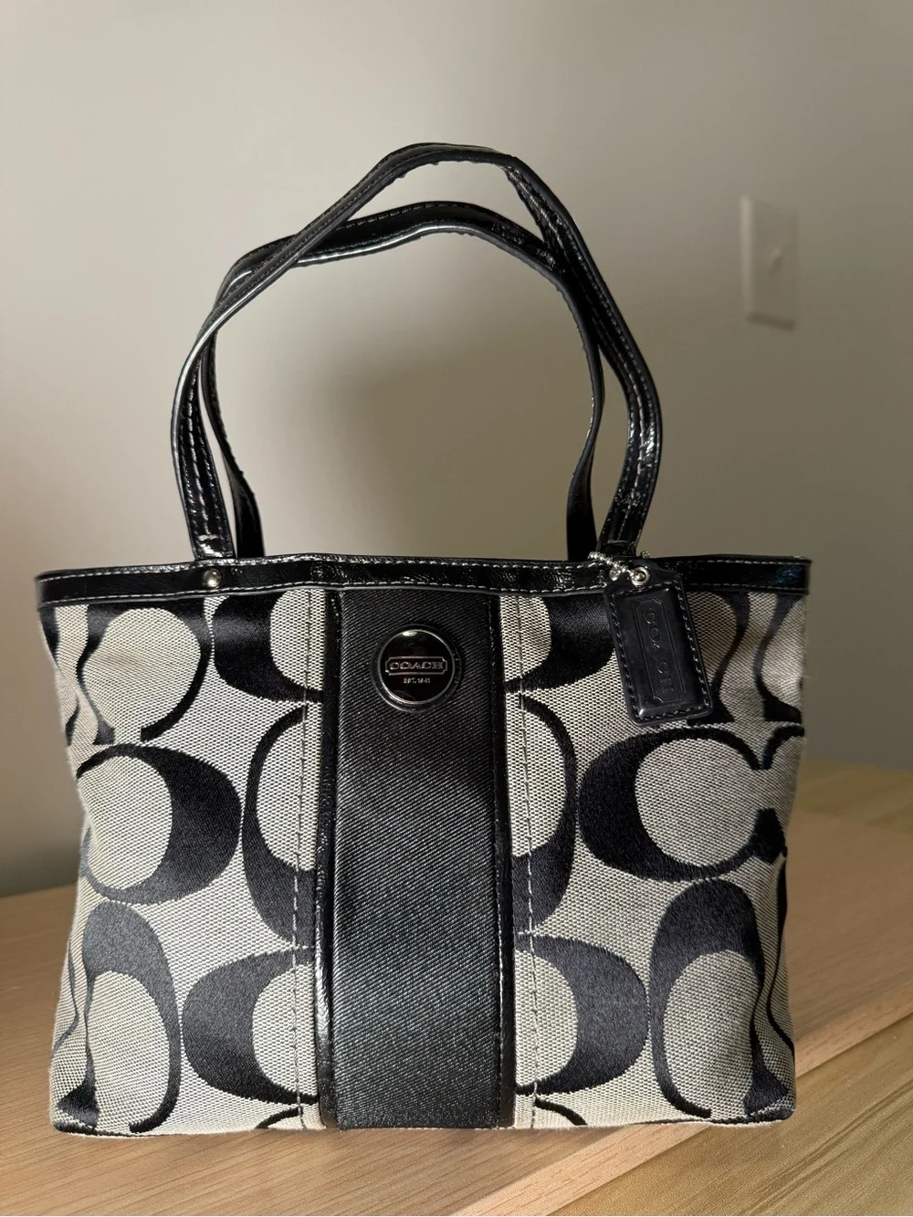 Vintage Y2K Coach Signature Stripe Small Tote Bag Black/Gray Jacquard F15112